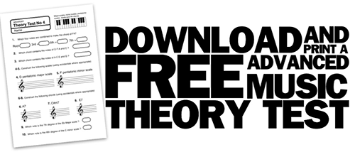 printable PDF music theory worksheet featuring a music theory test